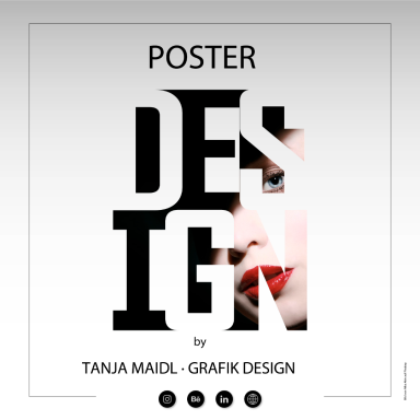 Poster mit kühnem Schriftzug "DESIGN" und einem Gesicht im Hintergrund.