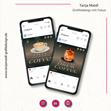 Zwei Smartphones zeigen Designs für Kaffee-Getränke auf Instagram.