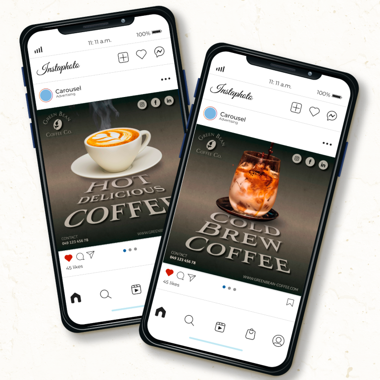 Zwei Smartphones zeigen Instagram-Beiträge zu Kaffeegetränken.