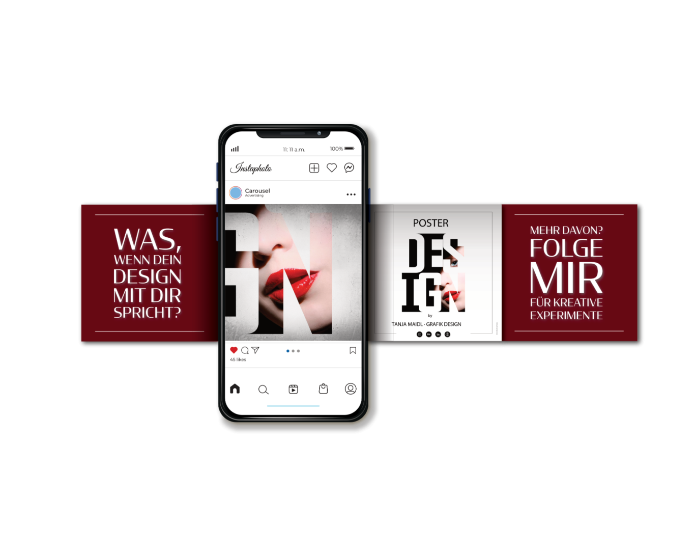 Smartphone zeigt grafische Designs und Informationen zu einem kreativen Projekt.