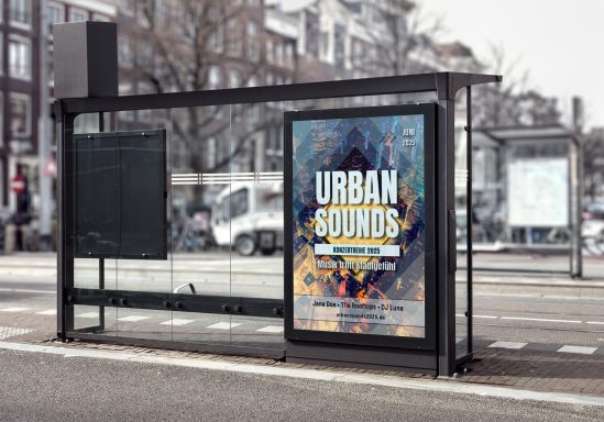 Haltestelle mit Werbeplakat für "URBAN GROUNDS" in städtischer Umgebung.