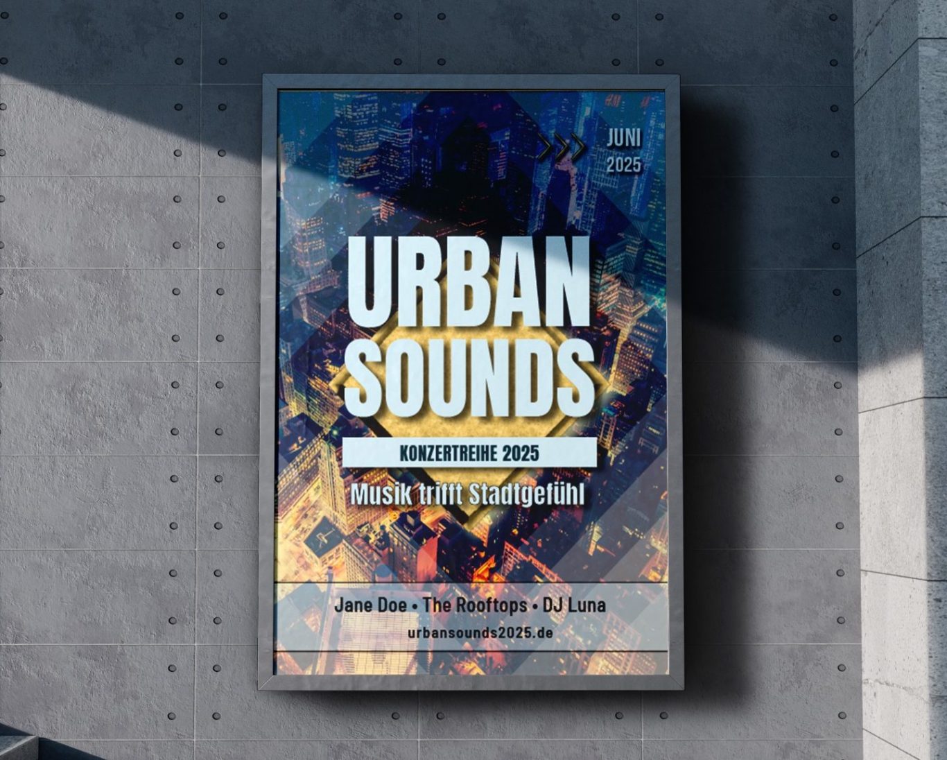 Plakat für "Urban Sounds" mit buntem, grafischem Hintergrund und Veranstaltungshinweisen.