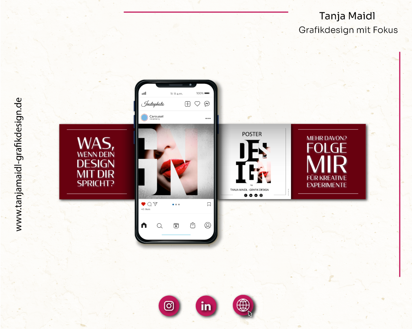 Smartphone zeigt grafische Designs und Informationen zu einem kreativen Projekt.