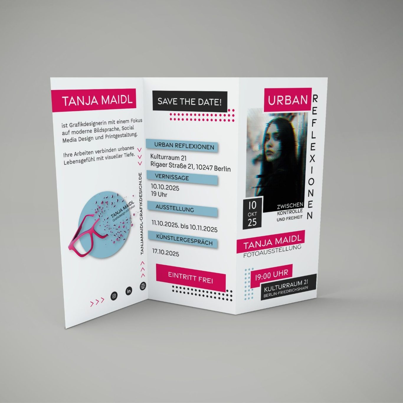 Faltblatt mit Informationen zu „Tanja Maggi“ und urbanen Dienstleistungen.