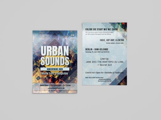 Bunt gestaltetes Flyer-Design für "Urban Sounds" mit Veranstaltungsdetails.