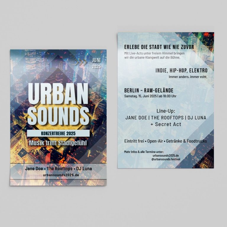 Veranstaltungsflyer für "Urban Sounds" mit Datum und Informationen über Musikrichtungen.