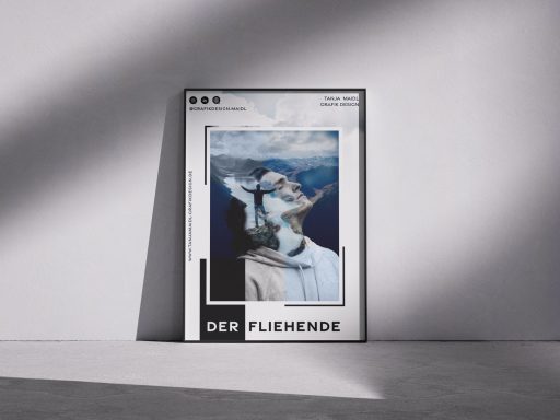 Weißer Rahmen mit einem Bild einer Person, die in Wasser taucht, auf hellgrauem Hintergrund.