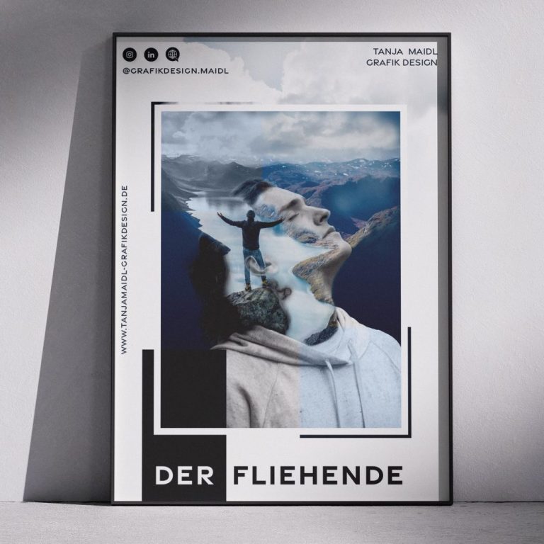 Porträt einer Person mit überlagerten Wolken und Bäumen im Hintergrund. 
Titel: "Der Fliehende"