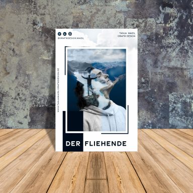 Ein Porträt eines Mannes mit Berglandschaft im Hintergrund und dem Titel "DER FLIEGENDE".