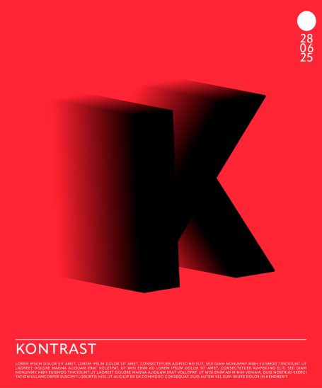 Rotes Hintergrunddesign mit dem großen schwarzen Buchstaben K und dem Wort "KONTRAST".