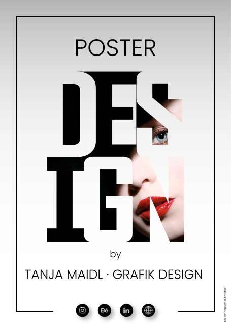 Posterlayout mit dem Text "DESIGN" und einem Gesicht im Hintergrund.