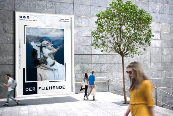 Plakat mit einer Berglandschaft, umgeben von Passanten und einem Baum.