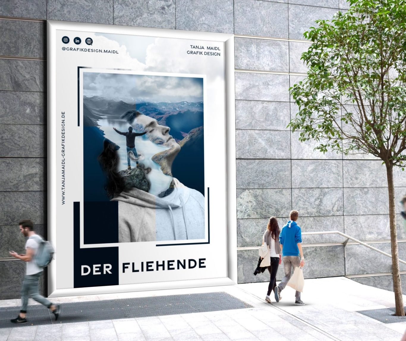Plakat mit dem Titel "Der Fliehende" an einer urbanen Wand, umgeben von Passanten.