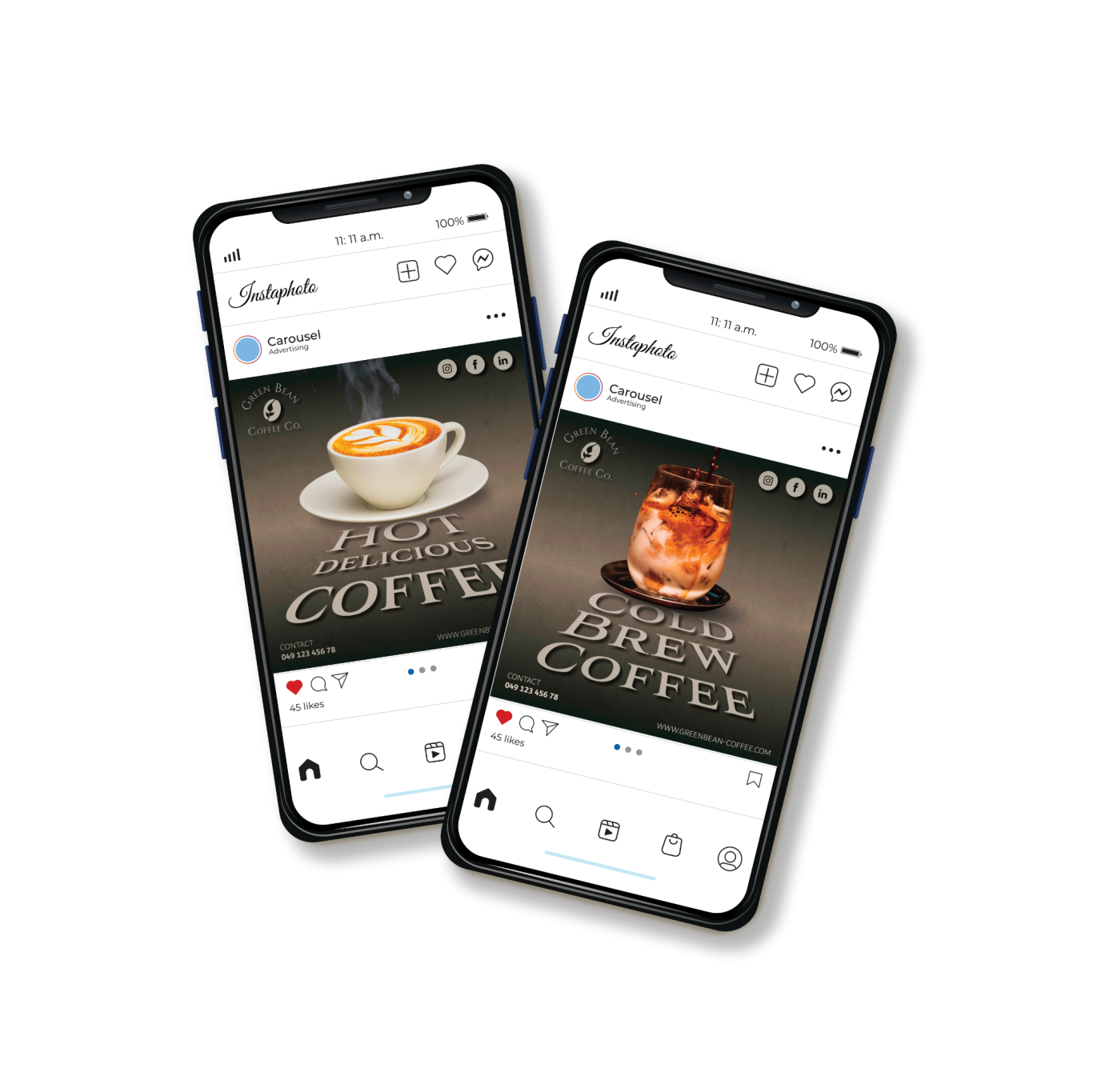 Zwei Smartphones zeigen kreativ gestaltete Kaffee-Posts auf Social Media.